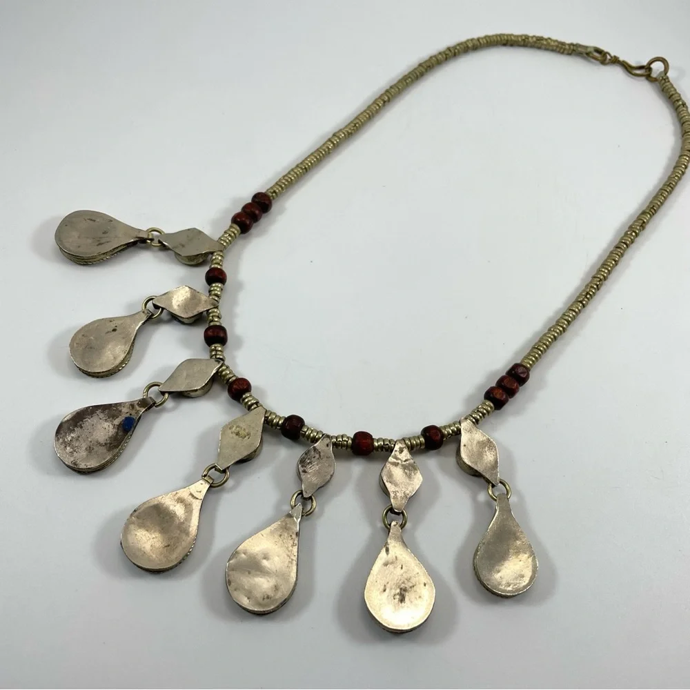 VINTAGE TRIBAL AFGAN 1970'S LAPIS LAZULI SILVER TONE NECKLACE WITH TEAR DROPS